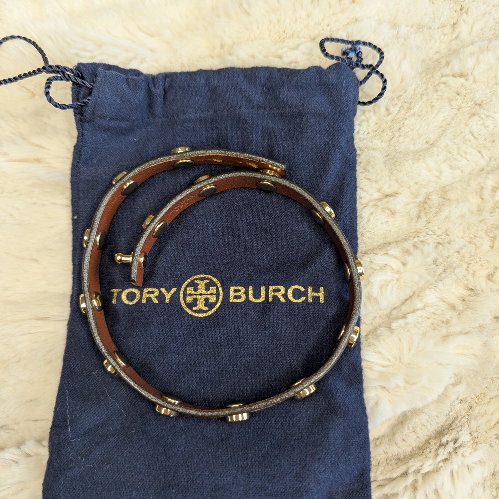 TORY BURCH Leather Logo Stud Double Wrap Bracelet